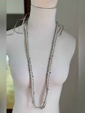 Long White Pearl-Trimmed Necklace with Silver Accents